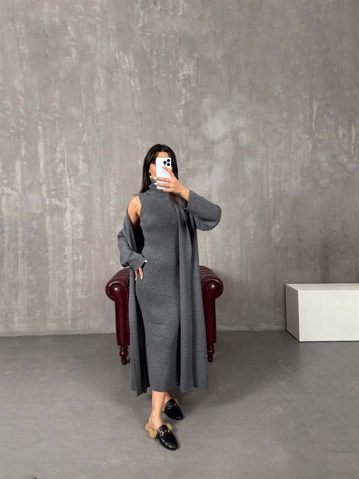 Sores Antrasit Balıkçı Yaka Yandan Yırtmaçlı Elbise Triko Hırka İkili Takım