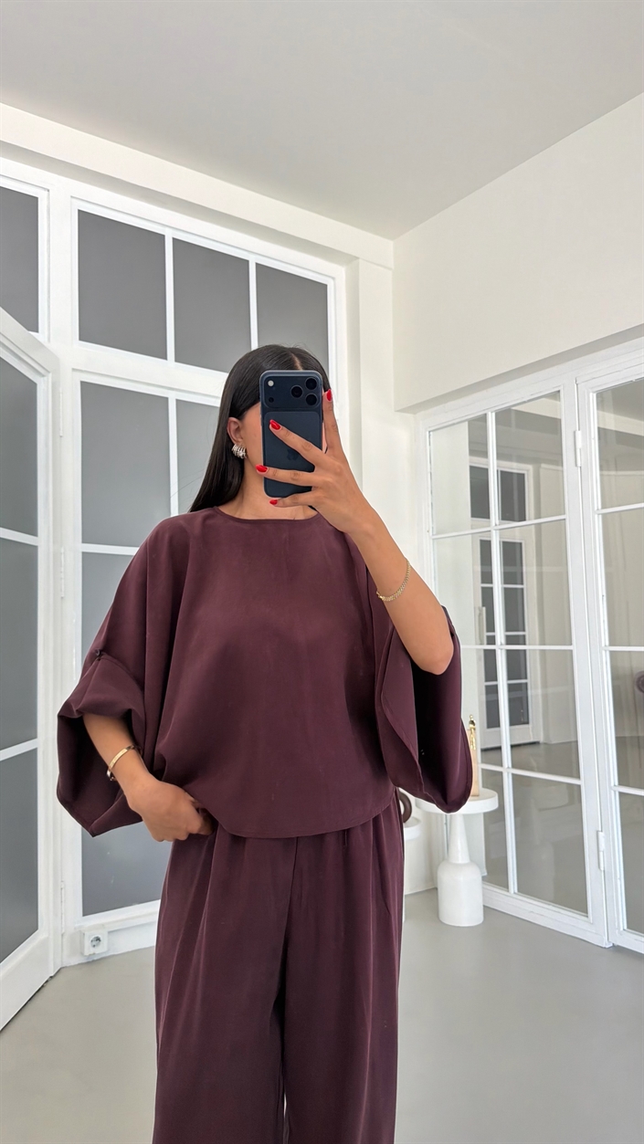 Mürdüm Yarasa Kol Bluz Beli Lastikli Şalvar Pantolon İkili Tencel Takım GAUS-01840