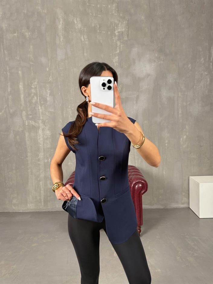 Bonar Lacivert Düğmeli Astarlı Yelek