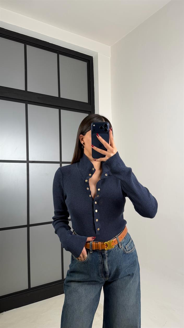 Lacivert Çıtçıt Düğmeli Triko Kazak GAUS-00780