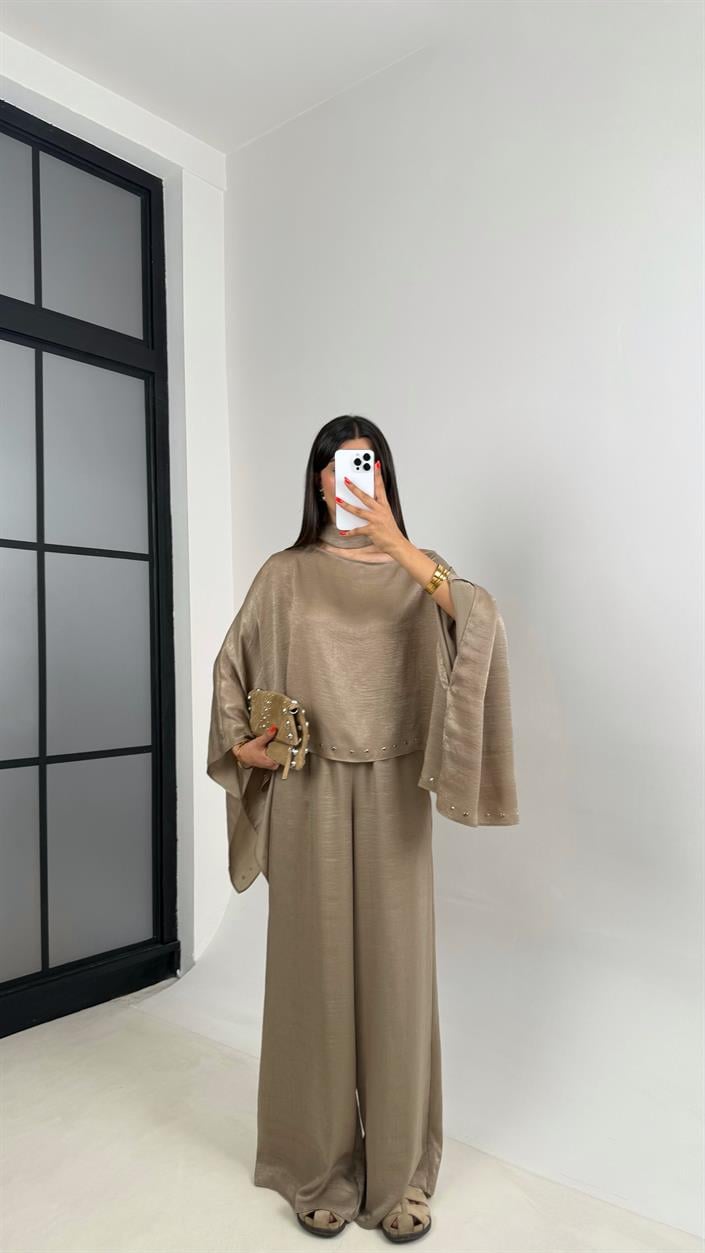 Vizon Zımba Detaylı Yarasa Kol Bluz Beli Lastikli Pantolon ZR Muadil Parlak Tencel Takım Gaus00695