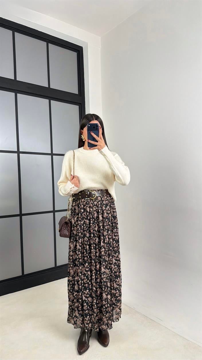 Siyah Çiçek Desenli Kemerli Astarlı Etek GAUS-00643