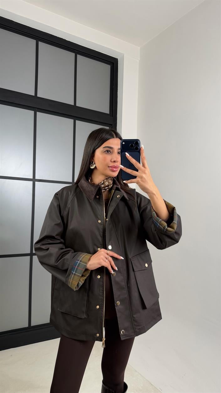 Acı Kahve Kadife Yaka Mumlu Görünümlü Cepli Parka GAUS-00609