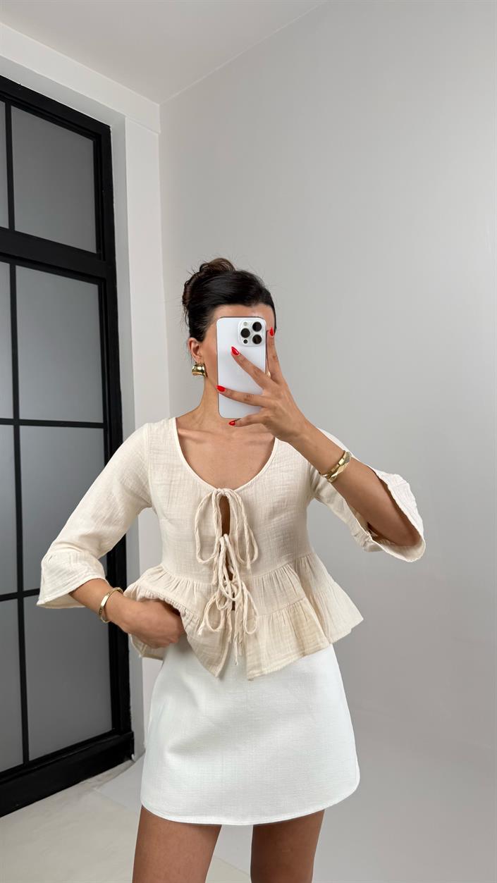 Taş Önden Bağlamalı Müslin Bluz Gaus00520