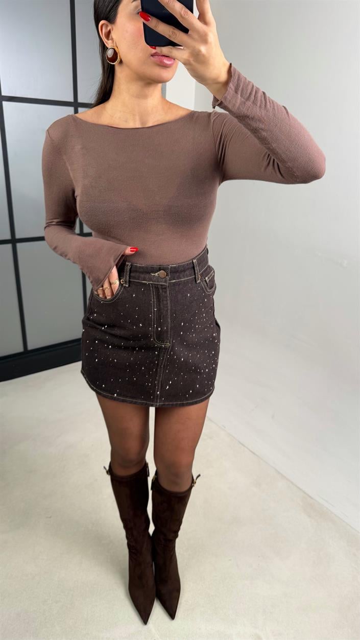 Kahve Taşlı Mini Denim Etek GAUS-01041