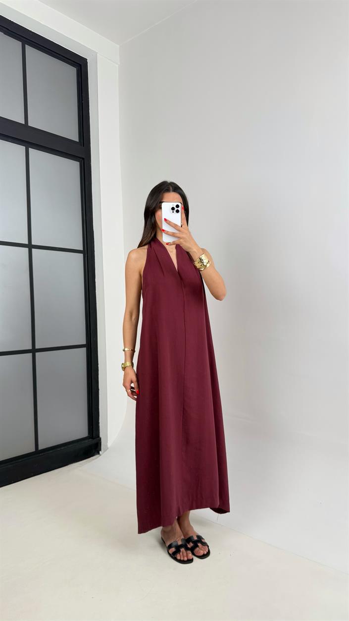 Bordo V Yaka Sırt Detaylı Premium Tencel Elbise Gaus00481 