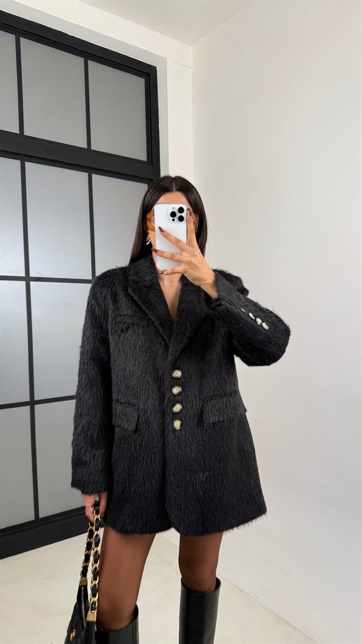Siyah Astarlı Vatkalı Keçe Kumaş Blazer Ceket GAUS-00225