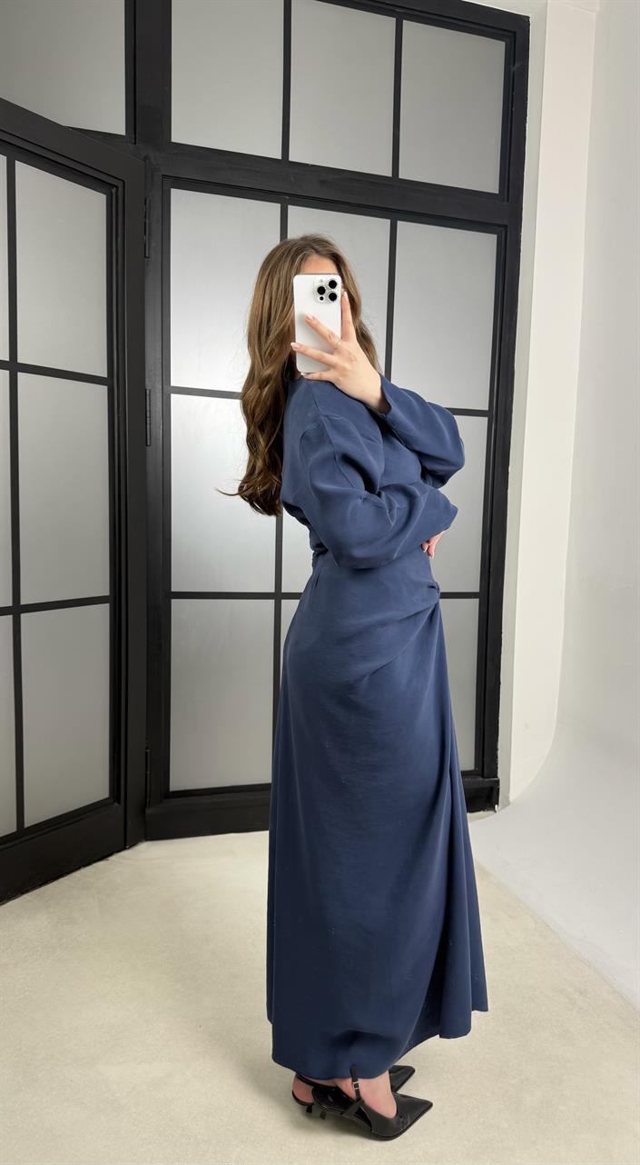 Indigo Mavi Drape Detaylı Etek Bluz Tencel Takım GAUS-01176