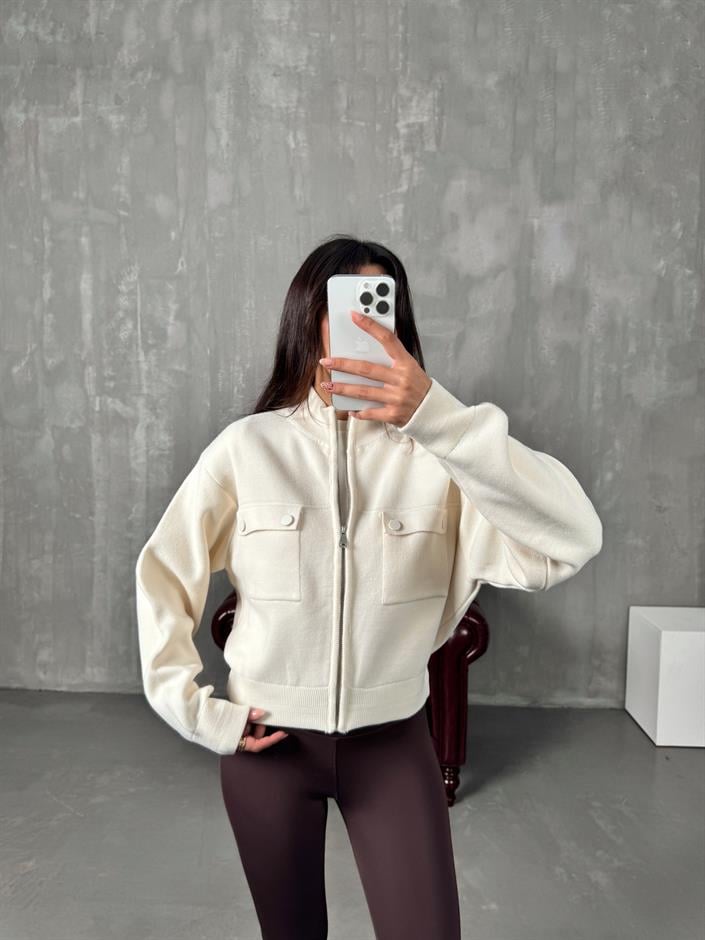 Luvi Krem Fermuarlı Triko Ceket 