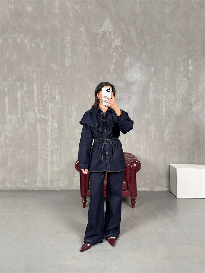 Tasire Lacivert Yaka Fırfır Detaylı Kuşaklı Gömlek Pantolon Denim Takım