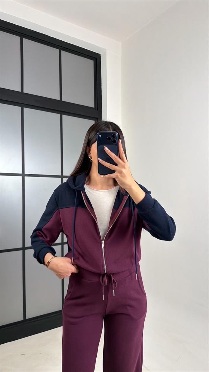 Mürdüm Hırka Beli Lastikli Pantolon İkili Selanik Kumaş Takım GAUS-00800