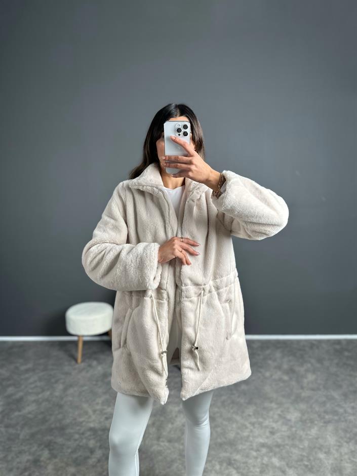 Rozy Krem Fermuarlı Astarlı Peluş Kürk Mont