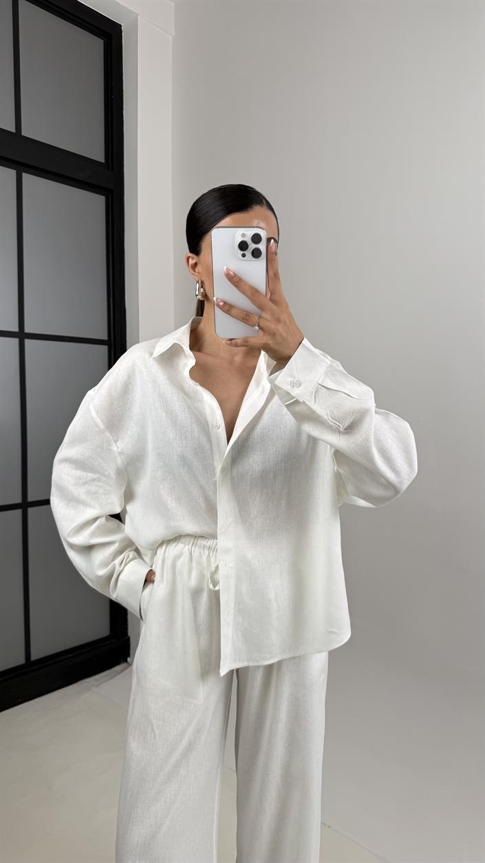 Beyaz Gömlek Beli Lastikli Katlama Detaylı MD Muadil Premium Keten Takım Gaus00591