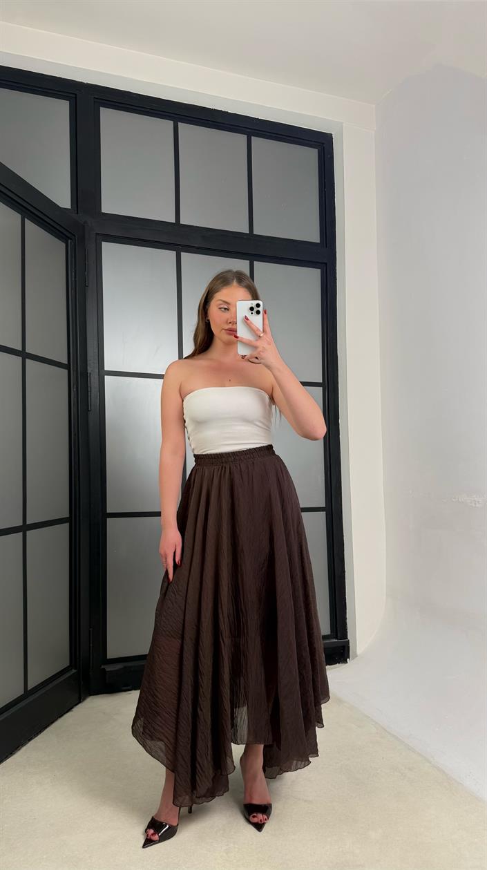 Acı Kahve Beli Lastikli Astarlı Şifon Etek GAUS-01266