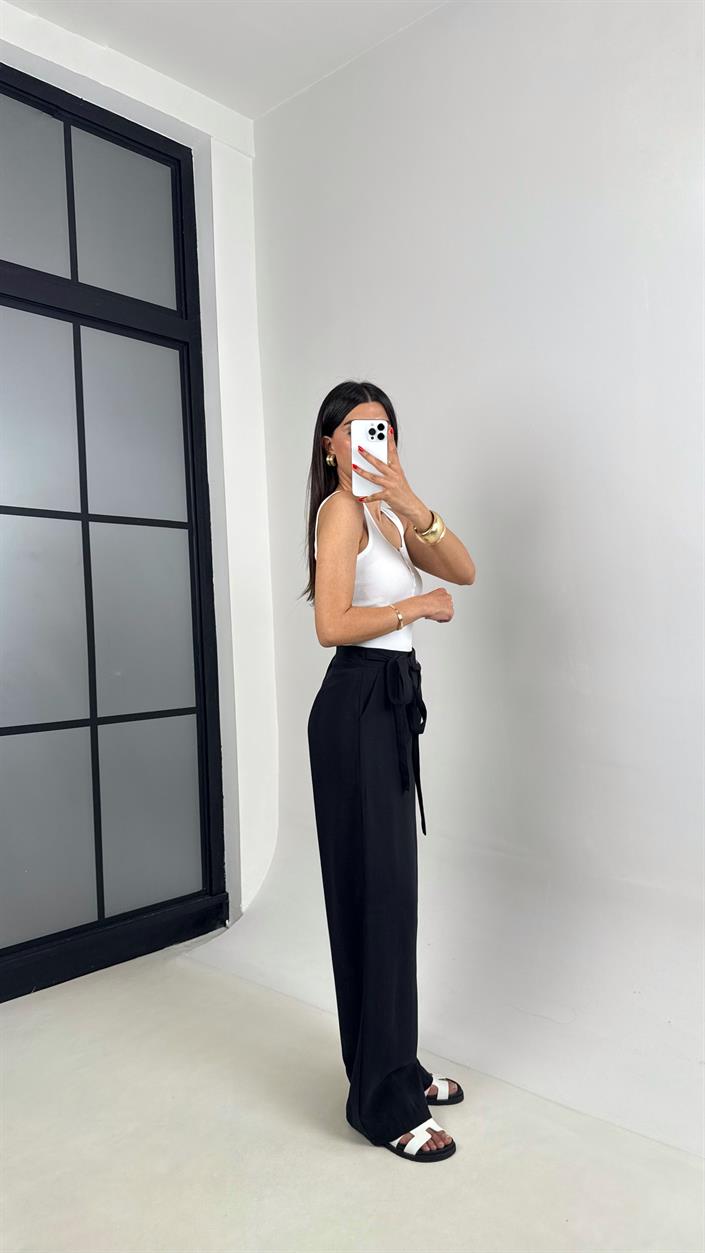 Siyah Yan Bağlamalı Tasarım Tencel Pantolon Gaus00500