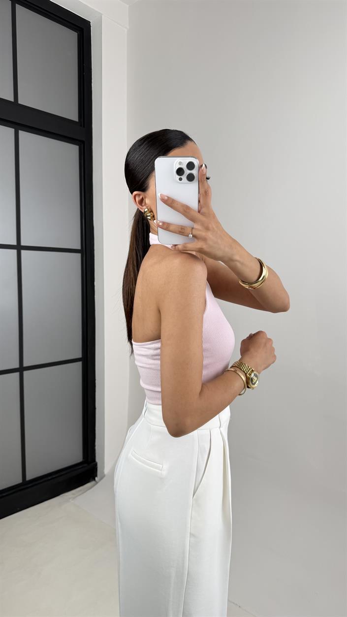 Pembe Boyundan Askılı Triko Crop Gaus00592