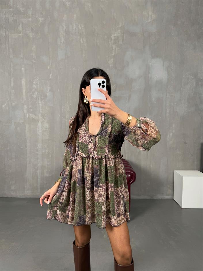 Liva Desenli ZR Model Astarlı Yaka Fırfırlı Elbise