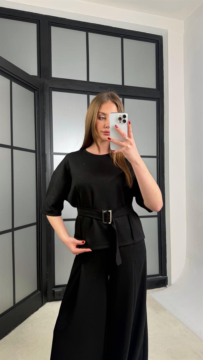 Siyah Kemer Detaylı Bluz Beli Lastikli Pantolon İkili Modal Takım GAUS-01228