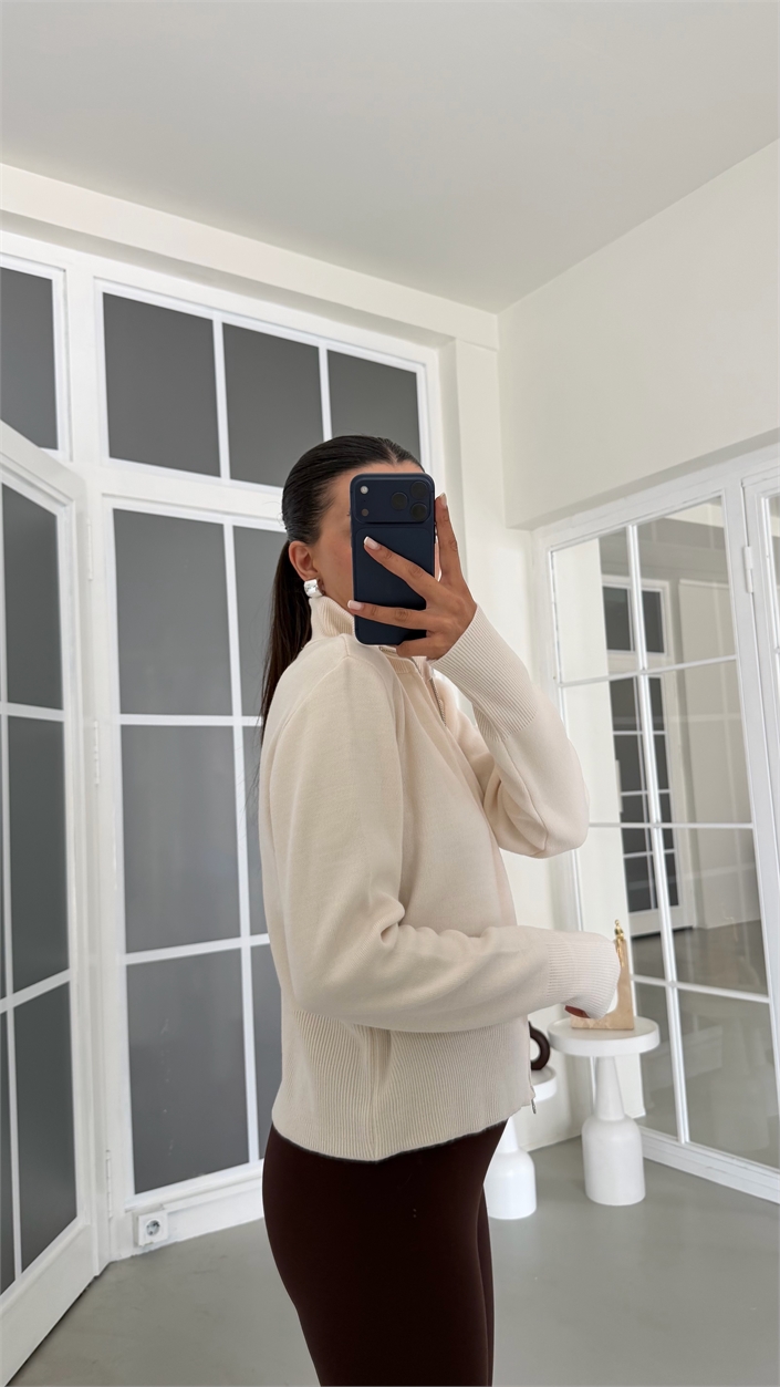 Krem Çift Fermuarlı Triko Hırka GAUS-02141