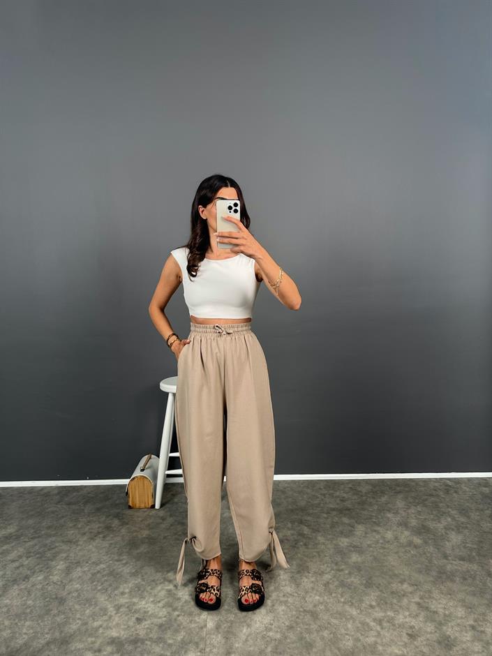 Vizon Paçası Bağlamalı Rahat Dokuma Pantolon