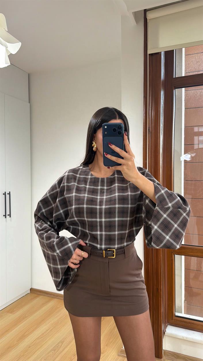 Kahve Ekoseli Muadil Bluz GAUS-00721