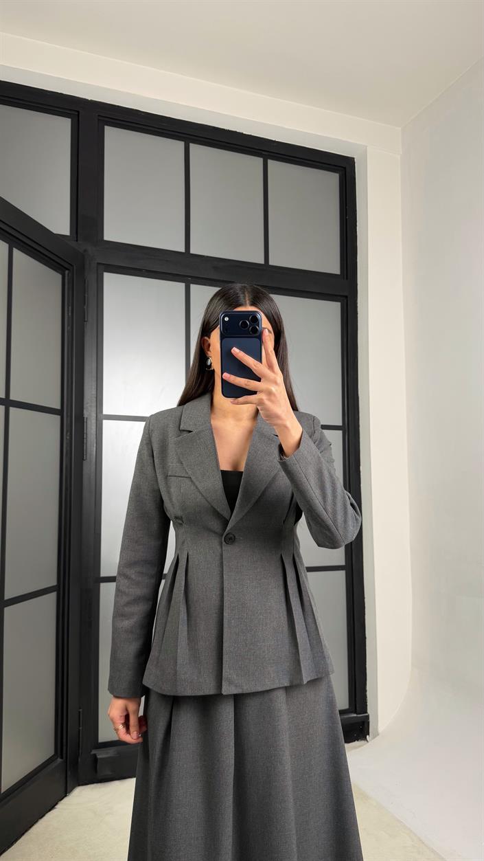 Antrasit Belden Oturtmalı Astarlı Vatkalı Ceket Cepli Etek Premium Takım GAUS-01290