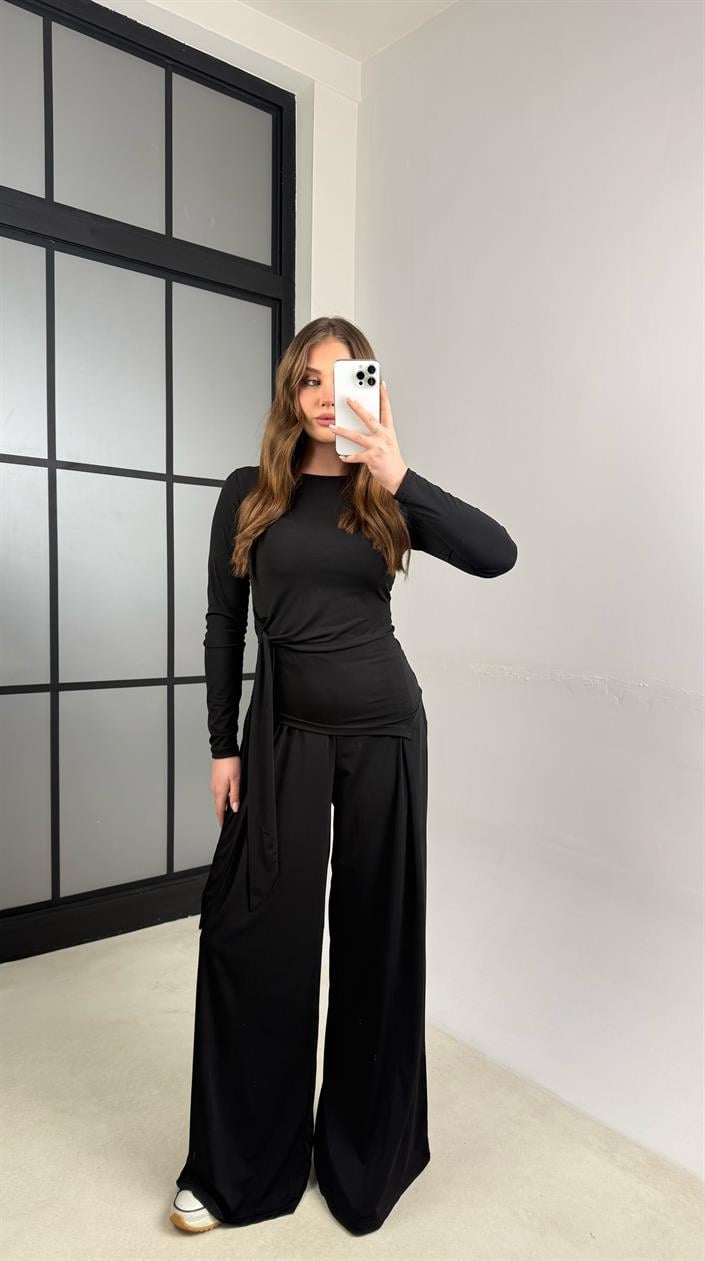 Siyah Bağlama Detaylı  Bluz Beli Lastikli Pantolon Sandy Takım GAUS-01145