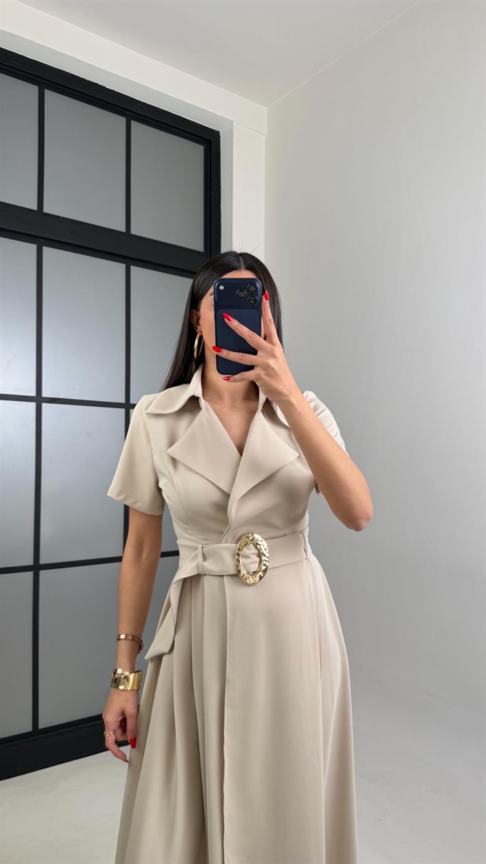 Taş Gold Toka Kuşaklı Krep Kumaş Uzun Elbise GAUS-00974