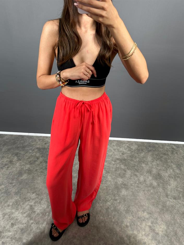 MD Nar Çiçeği Beli Lastikli Cepli  İthal Kumaş Rahat Dokuma Muadil Pantolon