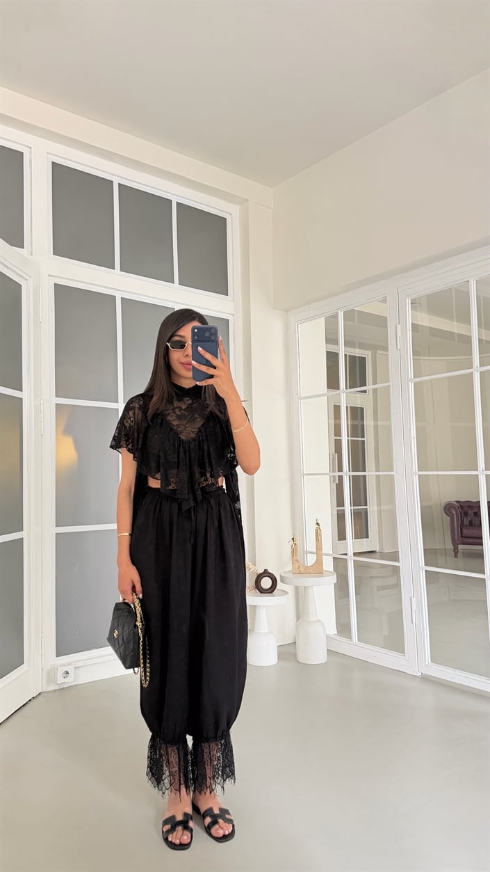 Siyah Beli Lastikli Dantel Detaylı Pinterest Şalvar GAUS-01763
