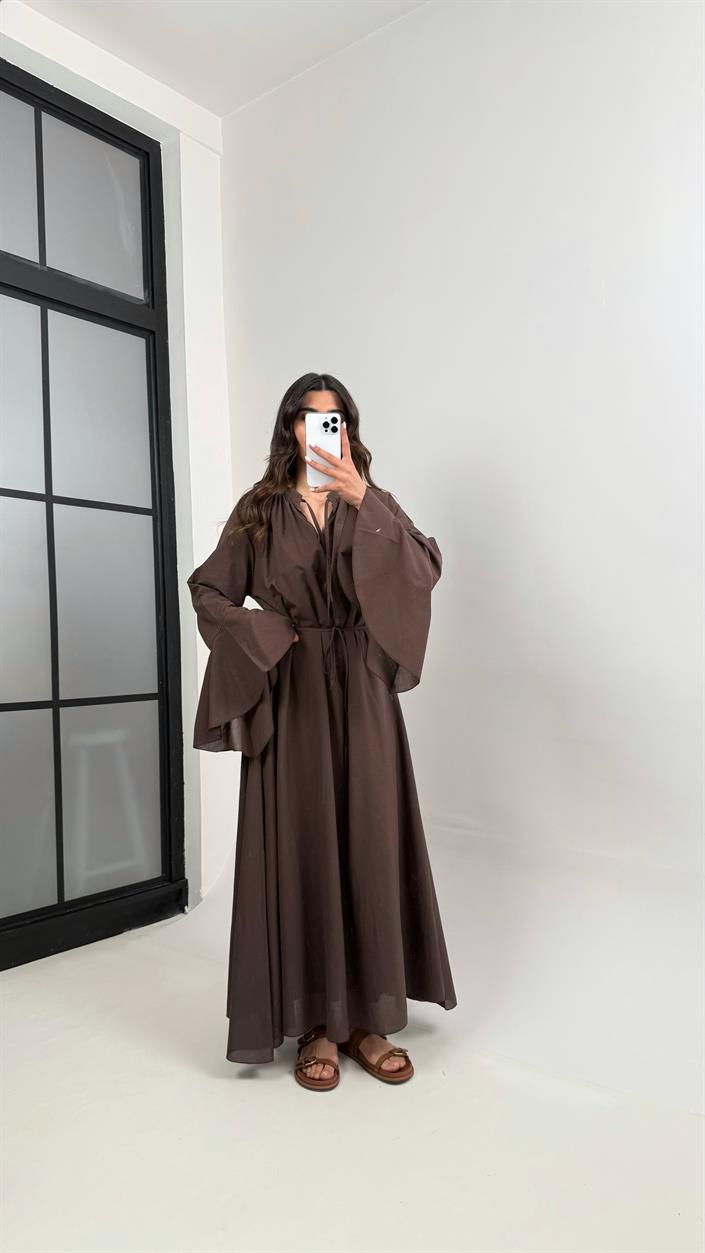 Acı Kahve Önü Bağlamalı Kuşaklı Astarlı Vual Kumaş Elbise Gaus00344