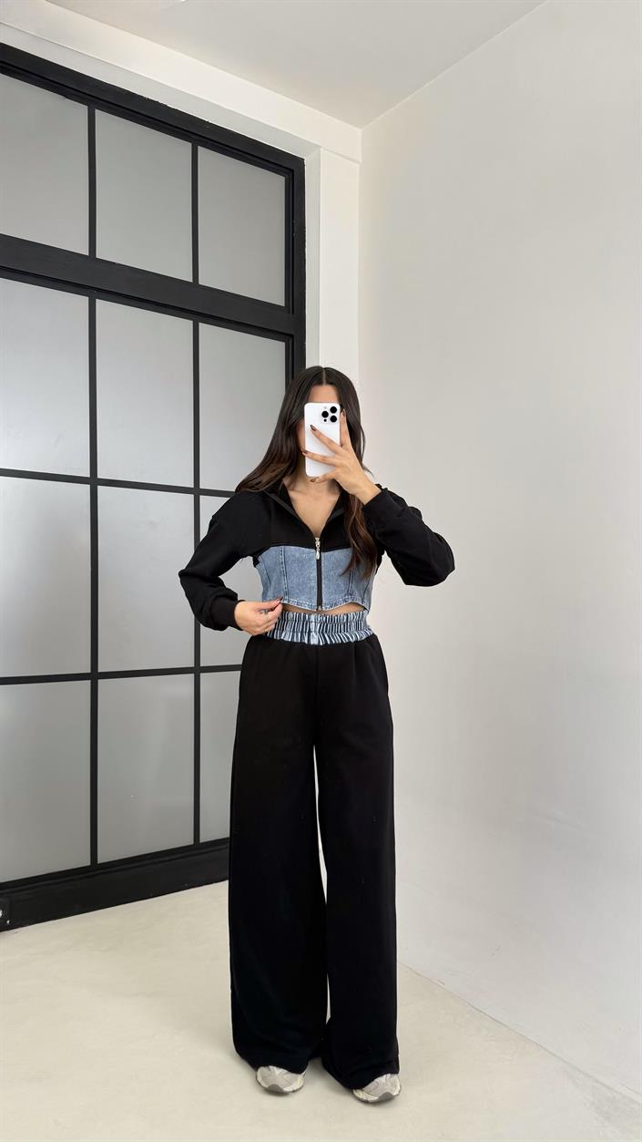 Siyah Denim Detaylı Kapüşonlu Hırka Beli Lastikli Pantolon Tasarım Takım GAUS-00444