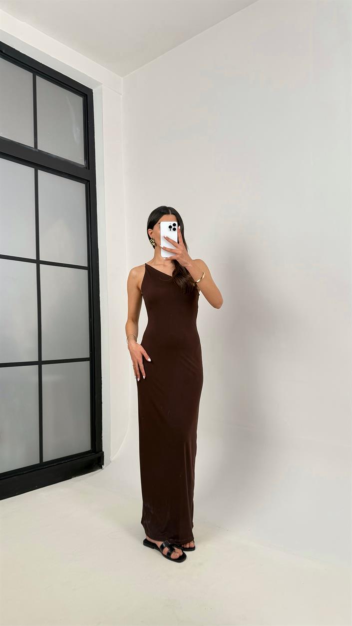 Kahve Tek Askılı Yırtmaçlı Astarlı Sandy Kumaş Elbise Gaus00348