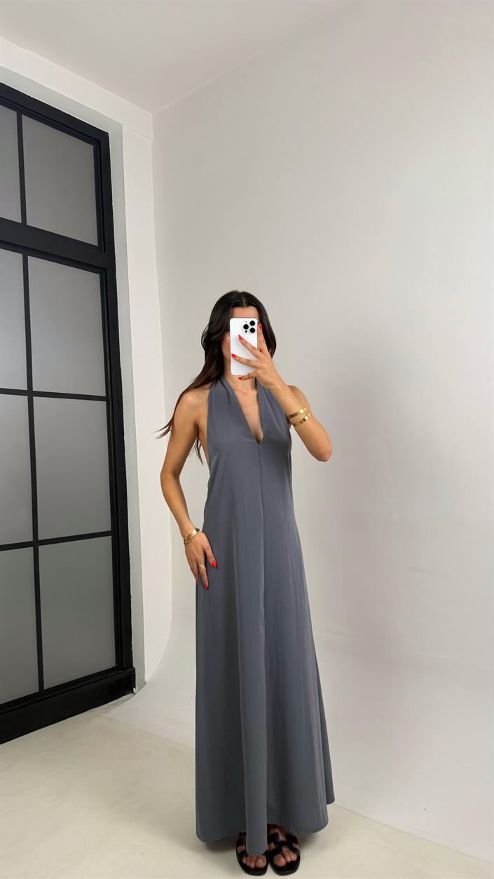 Antrasit Boyundan Bağlamalı V Yaka Tencel Elbise GAUS-0014