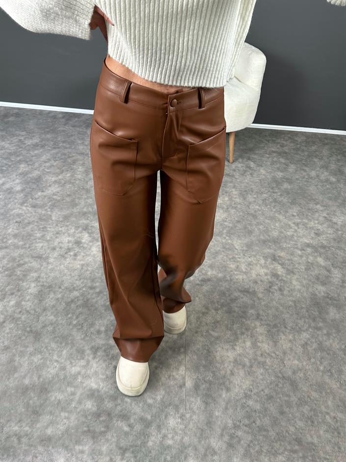 Kahverengi Ön Cepli Şardonlu Deri Pantolon