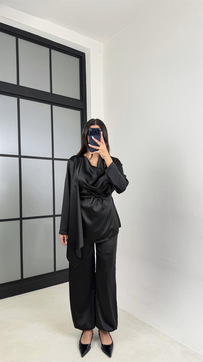 Siyah Şal Detaylı Bluz Beli Lastikli Şalvar İkili Saten Takım GAUS-00606
