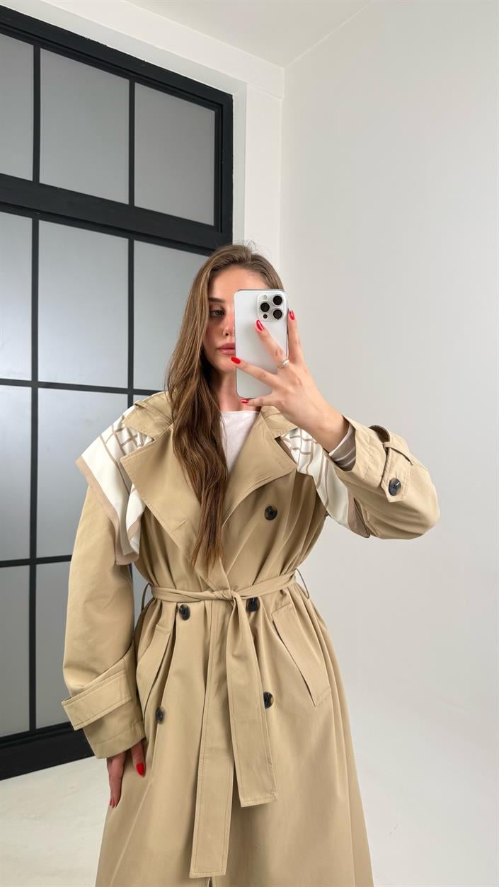 Camel Fular Detaylı Kuşaklı Tasarım Trençkot GAUS-00515