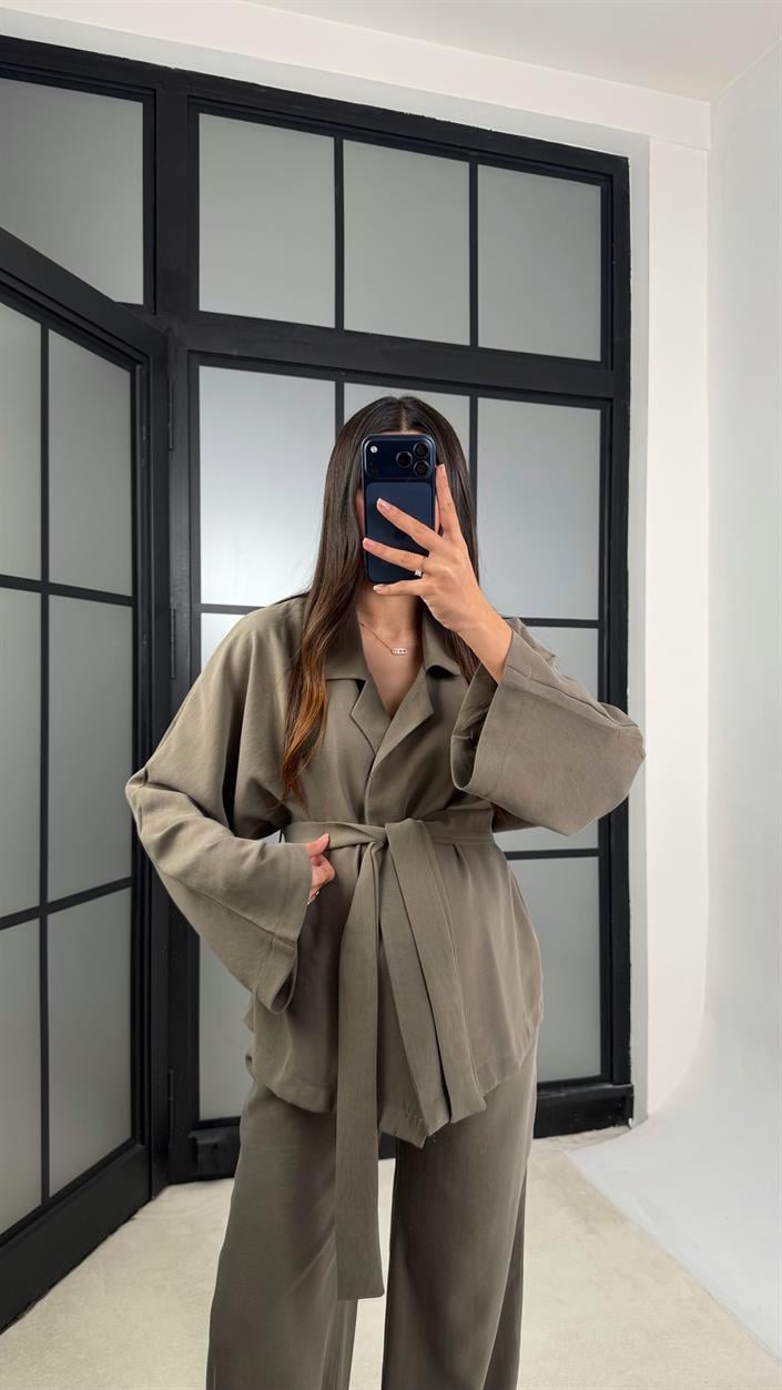 Haki Kuşaklı Ceket Beli Lastikli Pantolon Tencel Takım GAUS-01128