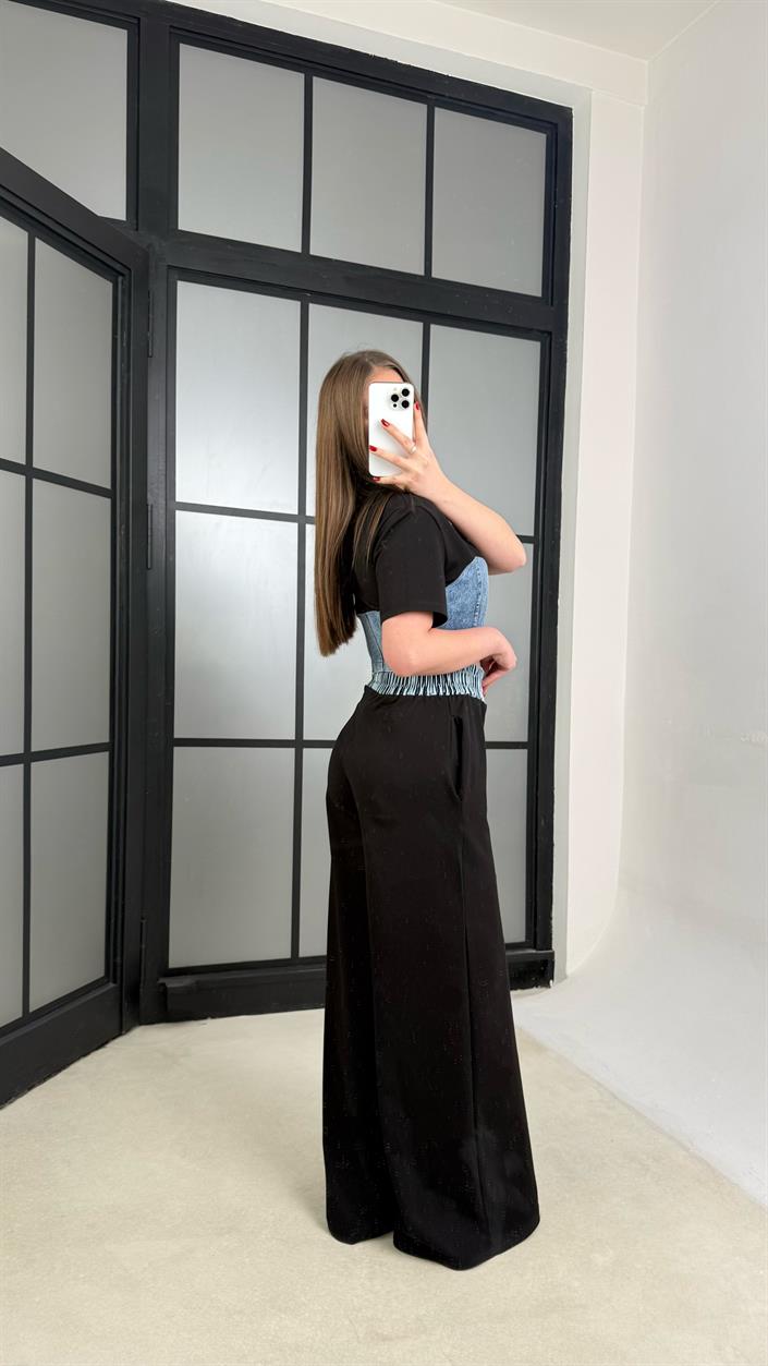 Siyah Denim Detaylı Crop Beli Lastikli Pantolon Premium Takım GAUS-01273