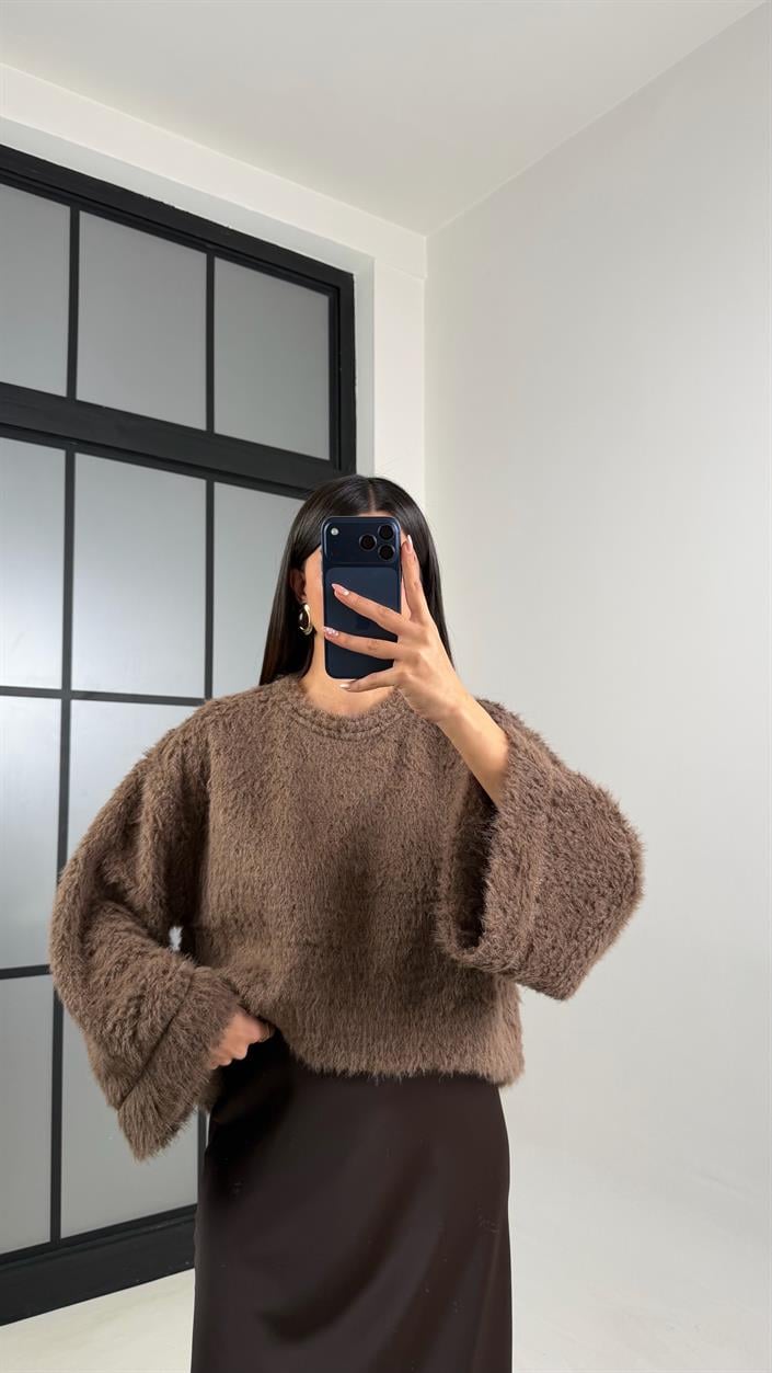 Kahve Yumuşak Dokulu Peluş Kazak GAUS-00817