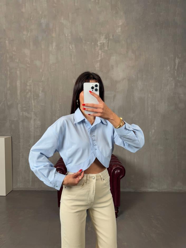 Boyd Mavi Düğmeli Tasarım Crop Gömlek