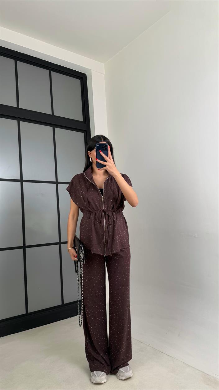 Kahve Beli Lastikli Hırka Pantolon Taşlı Modal Takım GAUS-01064