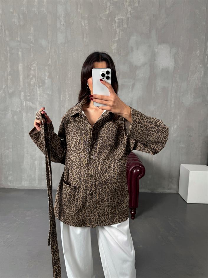 Tasi Leopar Desenli Kuşaklı Gabardin Ceket Gömlek