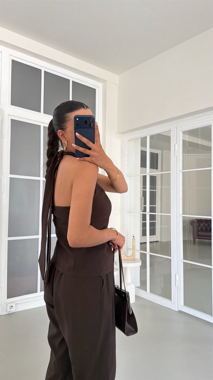 Acı Kahve Halter Yaka Yelek Beli Lastikli Pantolon Muadil Takım GAUS-01770