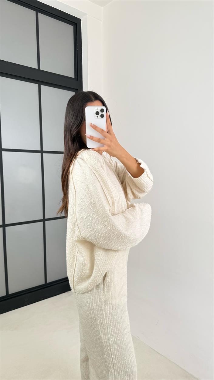 Ekru Kazak Beli Lastikli Pantolon Buklet Kumaş İkili Takım GAUS-00138