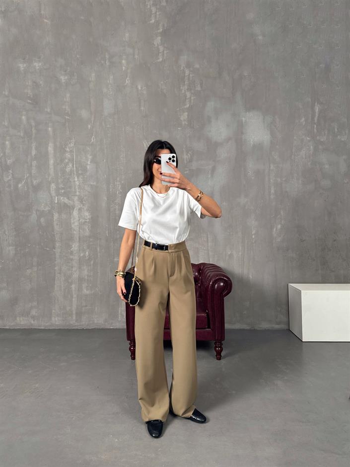 Mocha Haki Kemer Detaylı Palazzo Pantolon