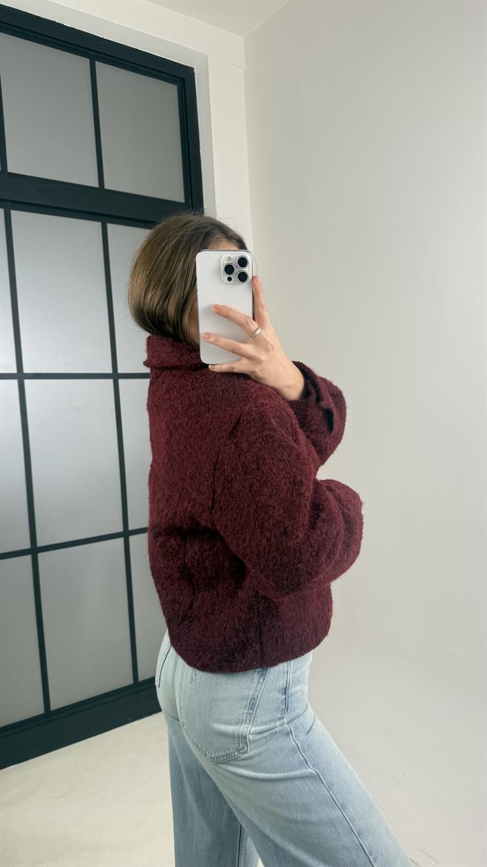 Bordo Astarlı Fermuarlı Muadil Keçe Kumaş Ceket GAUS-00603