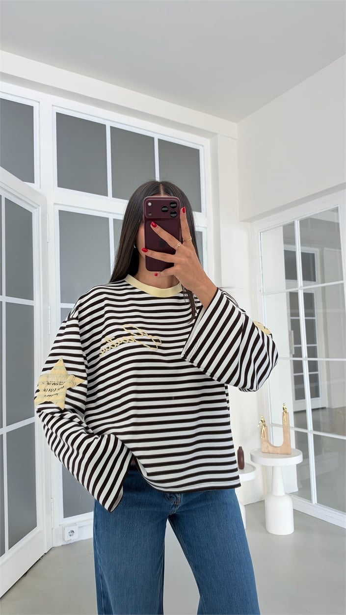 Sarı Şeritli Modal Kumaş Kol Yıldız Baskılı Sweatshirt GAUS-02287 GAUS-02121
