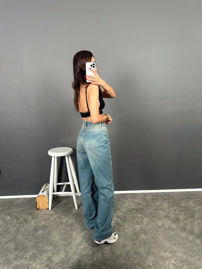 Davy Mavi Eskitme Yıkamalı Wide Leg Jean 