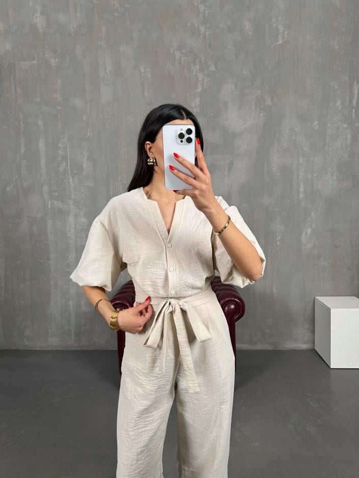 Taş Kuşaklı V Yaka Keten Kısa Balon Kol Tulum Gaus00179